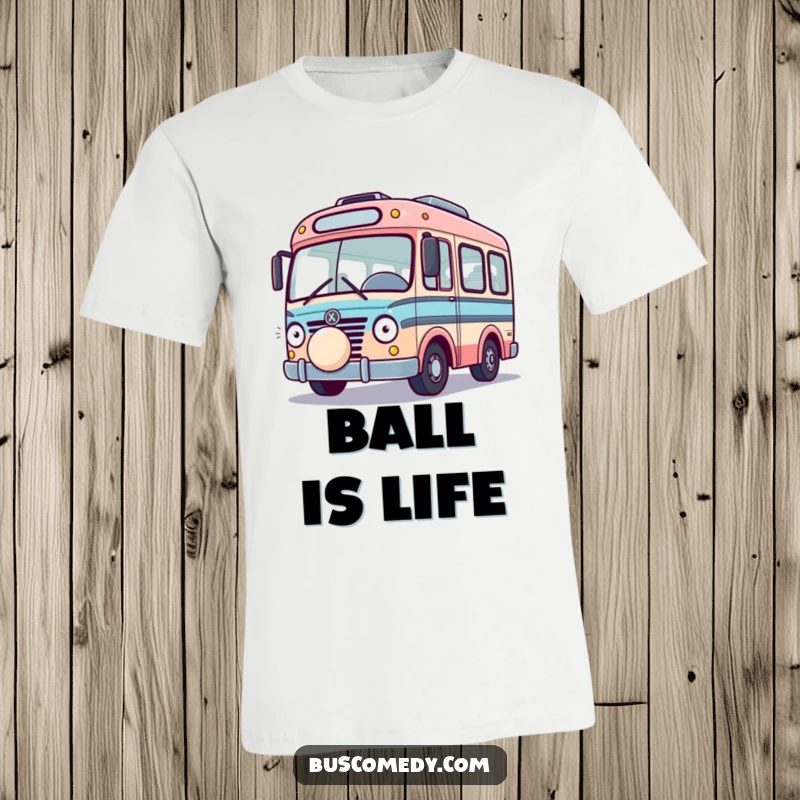 Funny Playful Bus T-Shirt, a cheerful bus interacting with a bouncing ball, full of playful motion. A sporty funny gift.