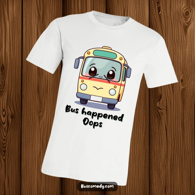 Funny Kawaii Bus T-Shirt of a giggling bus character looking up with a surprised and delighted expression, pure joy.