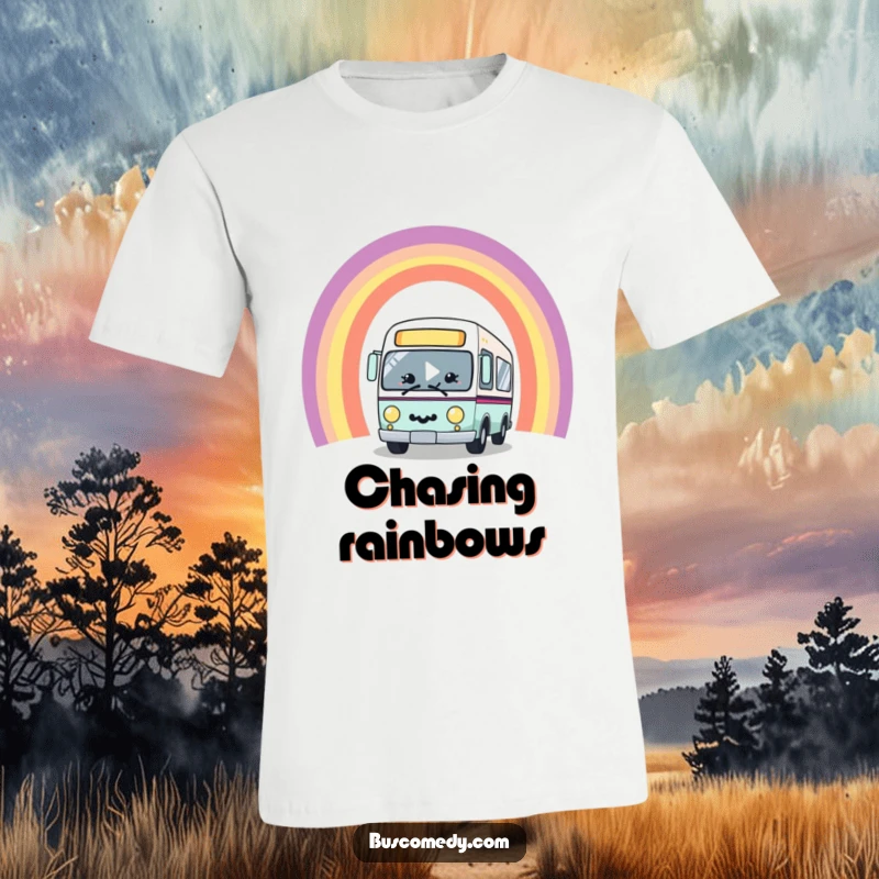 Funny kawaii bus character with a big smile, joyfully driving through a vibrant rainbow arch, printed on a comfortable graphic t-shirt.