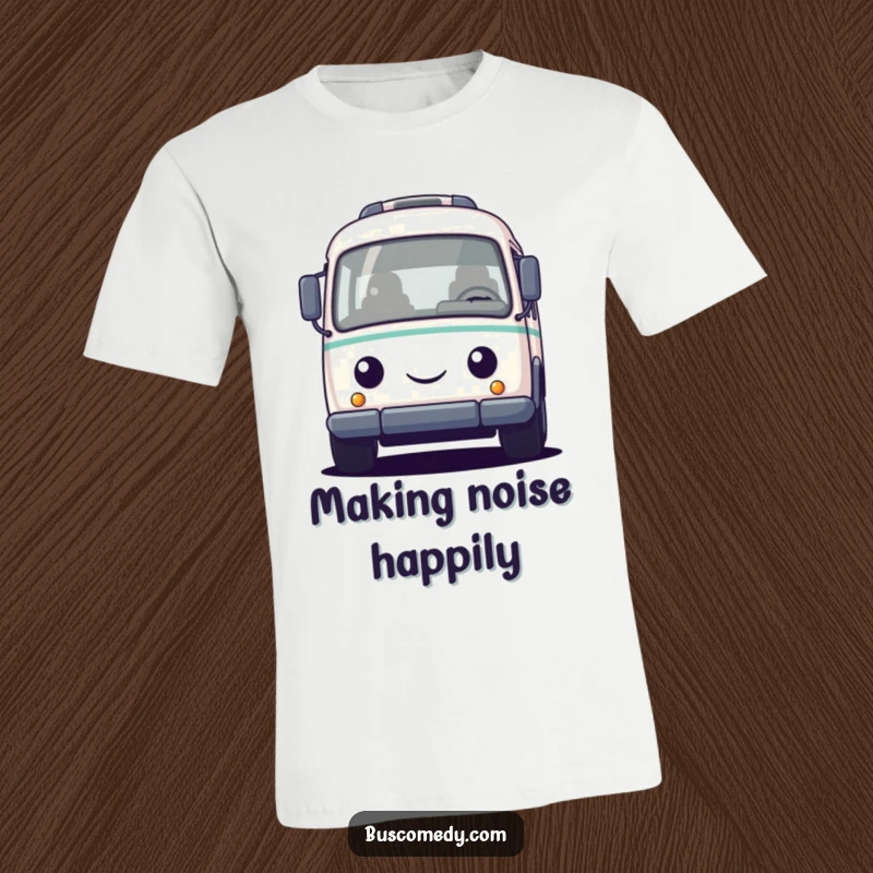 Funny t-shirt displaying a round, friendly bus character actively honking its horn, radiating joy and a love for travel.