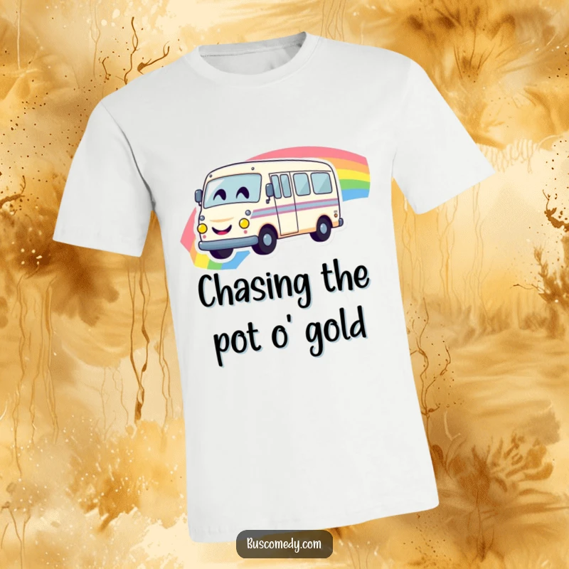 Funny t-shirt with a cheerful bus character, sporting a wide smiley face, happily driving over a vivid rainbow path.