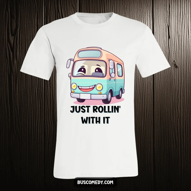 Funny round bus t-shirt with a giant grin and a winking headlight, radiating playful energy and automotive charm.