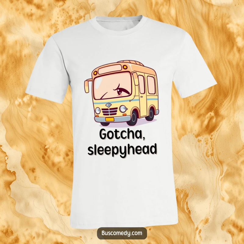 Funny t-shirt with a Kawaii bus character peeking slyly around a corner, sporting a mischievous wink.
