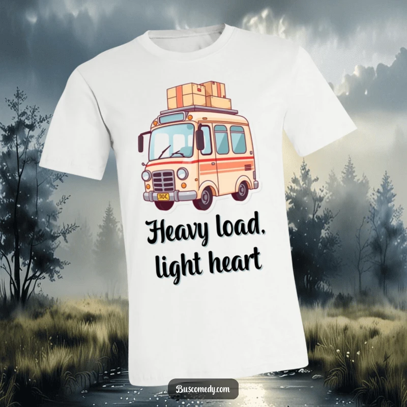 Funny t-shirt with a small bus character skillfully balancing a tower of packages on its roof, ready for delivery.
