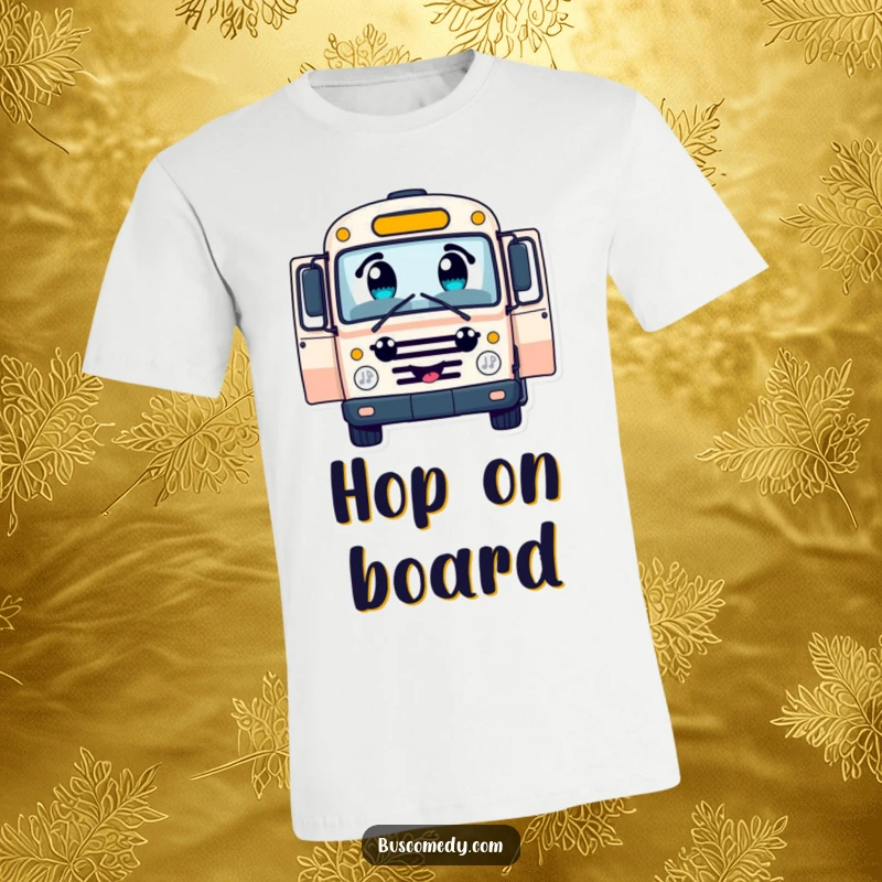 Funny cheerful bus character t-shirt, with large curious eyes, open doors, inviting passengers, comfortable and fun apparel.
