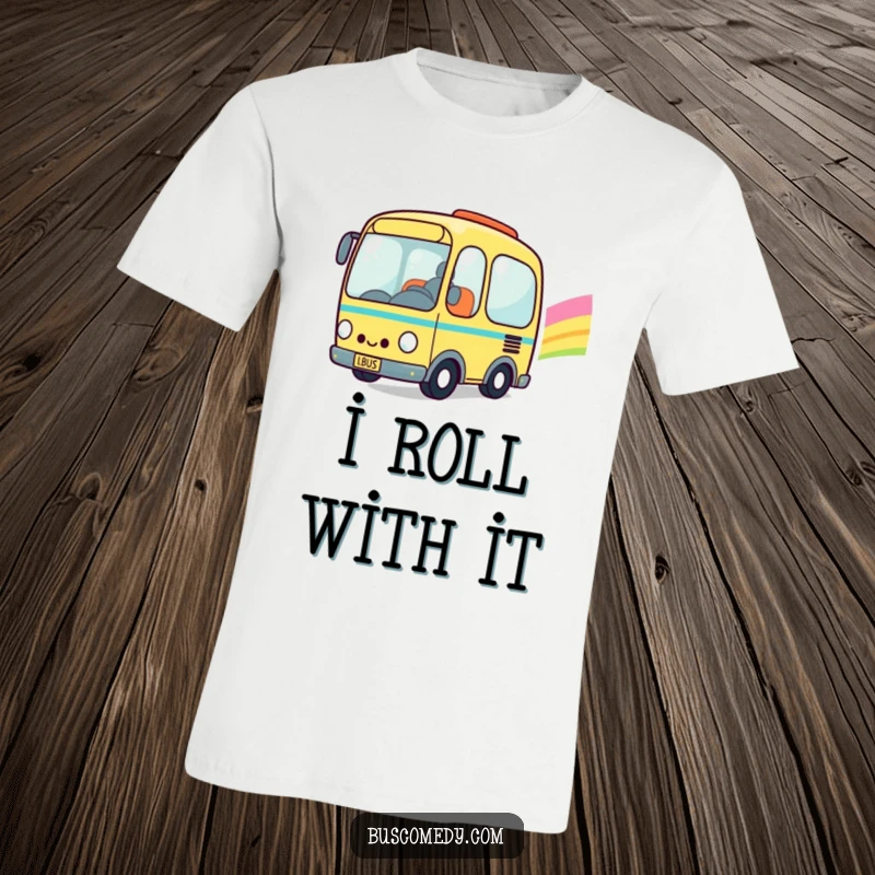Funny Kawaii Bus T-Shirt: Adorable smiling character bus joyfully driving across a colorful rainbow, symbolizing happiness and adventure.