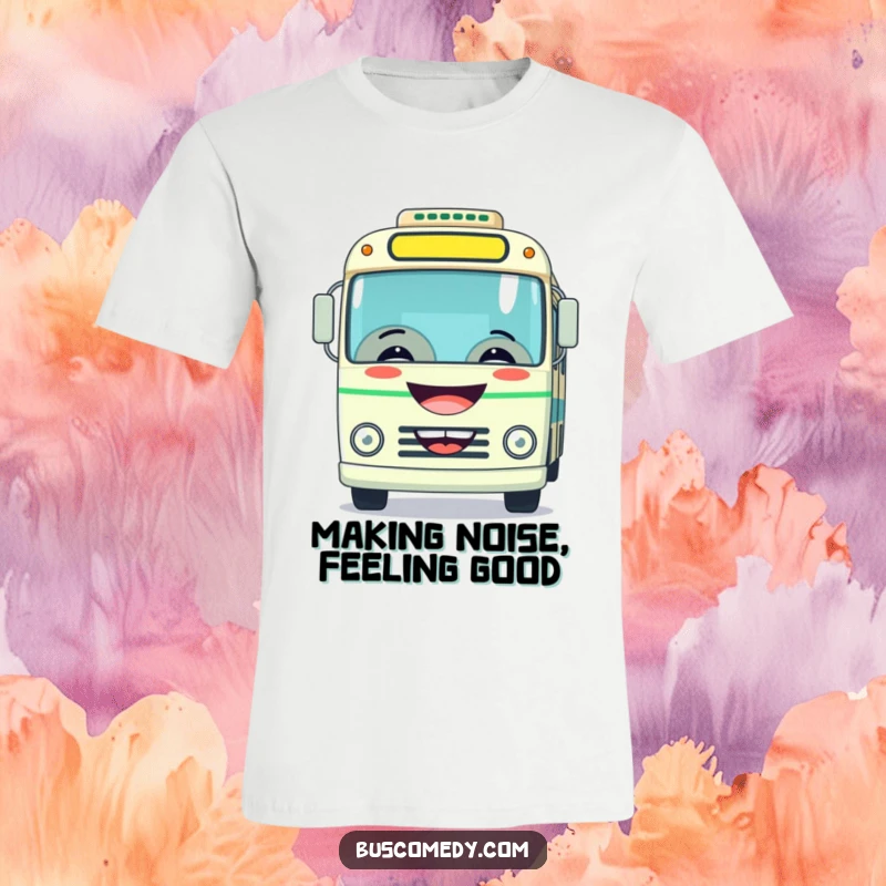 Funny t-shirt design of a bus with a wide, mischievous grin, playfully honking its horn with delight.