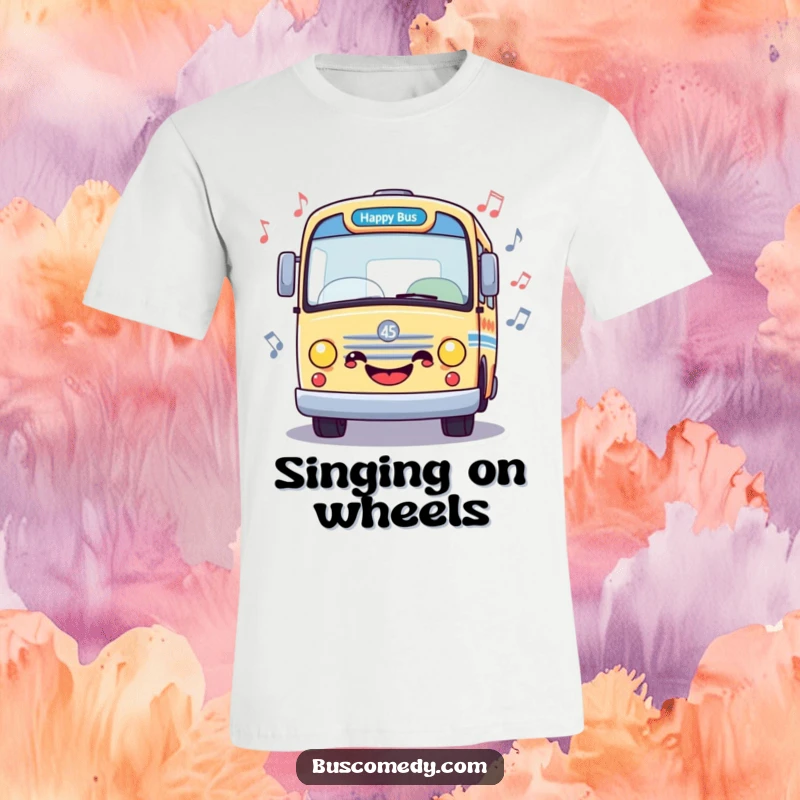 Funny t-shirt featuring a happy bus surrounded by musical notes, celebrating music and joy, a perfect funny gift.