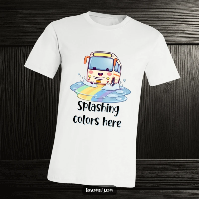 Funny kawaii bus t-shirt, character playfully splashing through a colorful rainbow puddle, vibrant and cheerful design.