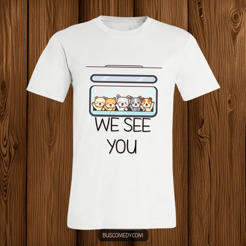 Funny t-shirt with smiling animal passengers waving from a bus window, radiating happiness and charm.