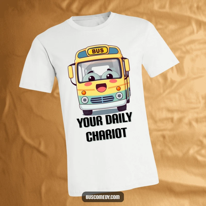 Funny t-shirt with a Kawaii bus character sporting a huge, friendly smile, gesturing for a fun and happy ride.