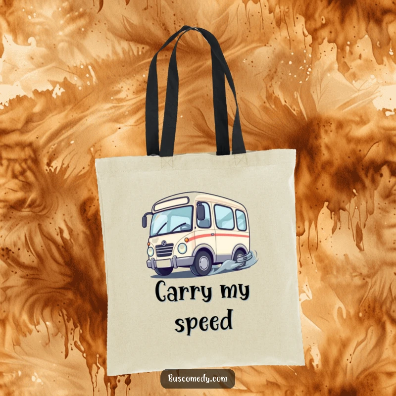 Funny cute bus character with wheels spinning rapidly as it performs a playful drift, on a durable and stylish tote bag.