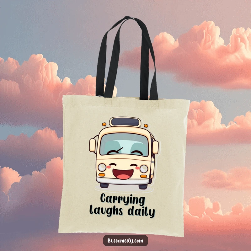 Funny bus tote bag with an open mouth giggling, humorously sharing a joke, practical and charmingly amusing.