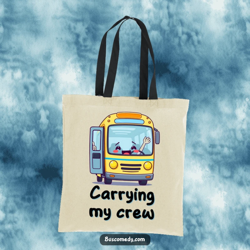 Funny tote bag featuring an excited bus character with its door open, waving passengers aboard, perfect for carrying your journey supplies.