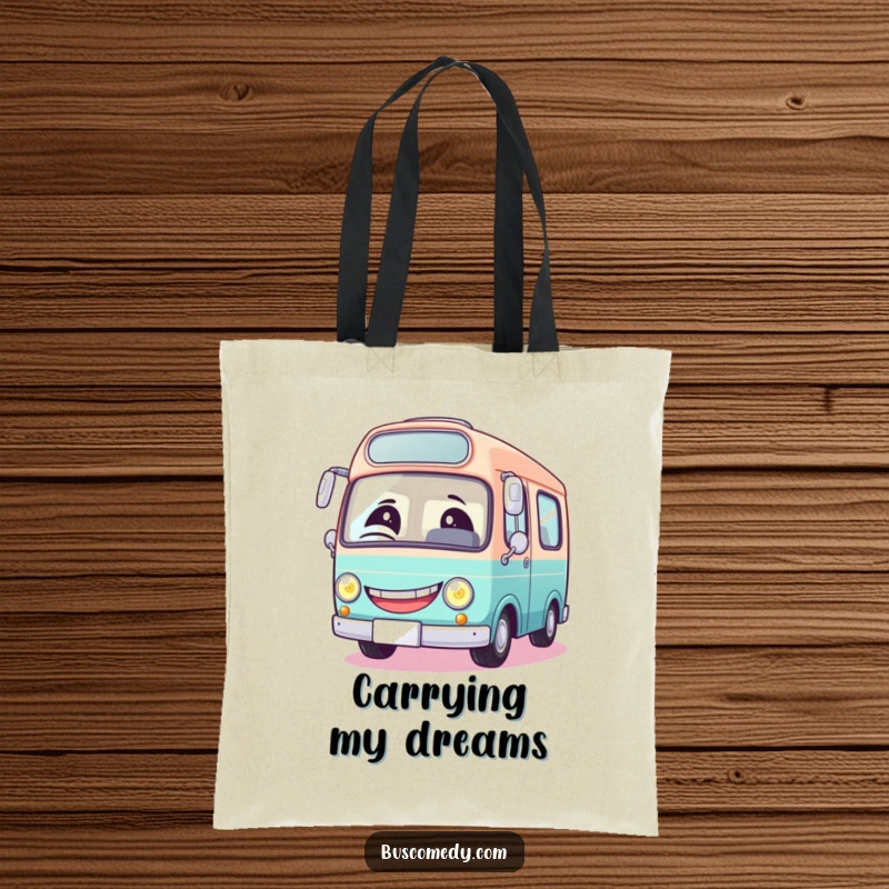 Funny tote bag with a round bus character, a giant grin, and a winking headlight, perfect for humorous shopping.