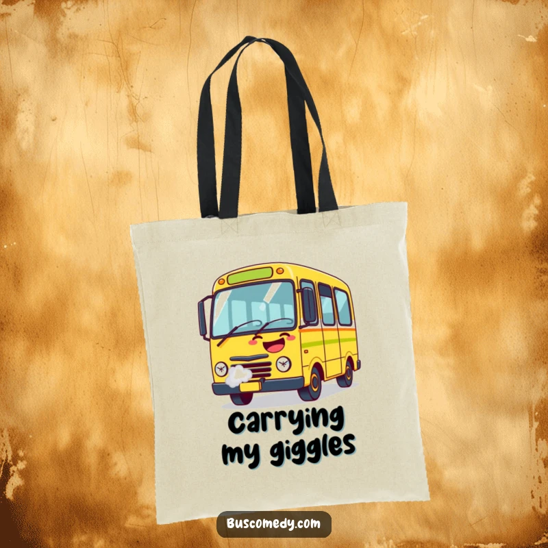 Funny Tote Bag adorned with a bus character bursting with laughter, steam puffing from its exhaust, a vibrant design.