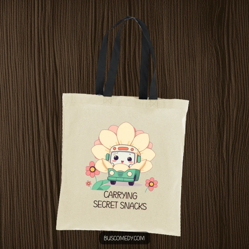 Funny Kawaii Bus Flower Tote Bag with a cute bus character curiously peeking from behind a giant flower, stylish and fun.