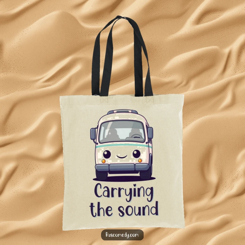 Funny tote bag featuring a small, round bus character with a friendly face, honking its horn to signal fun and adventure.