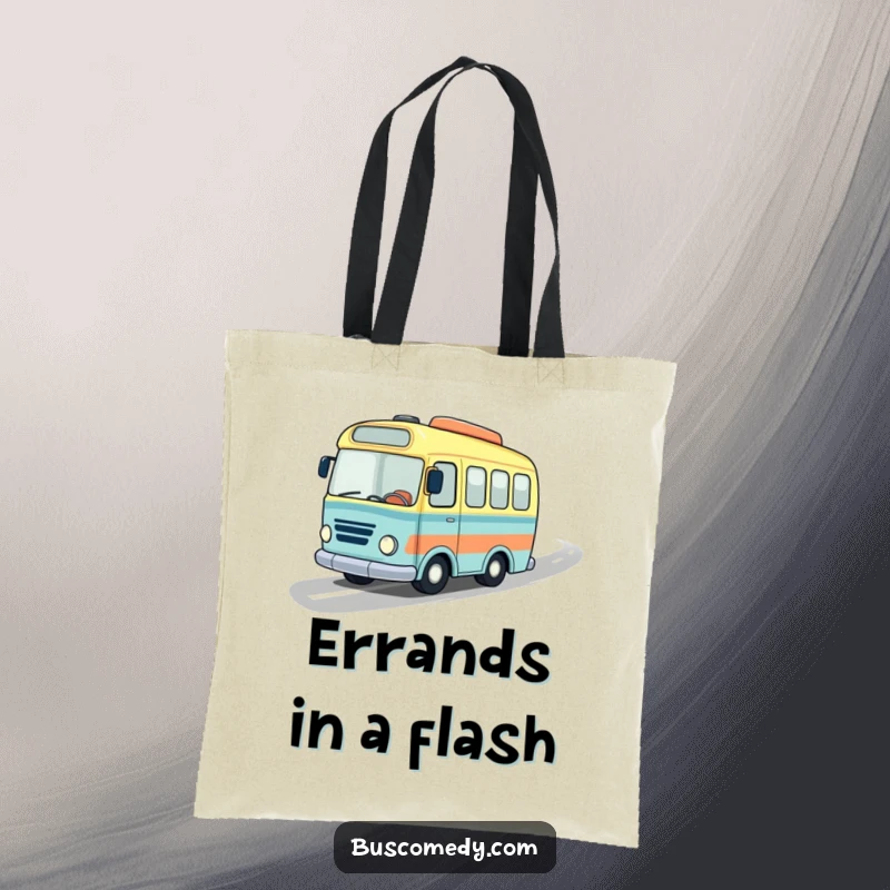Funny tote bag featuring a little bus with a jaunty hat, speeding down a wavy road, ideal for carrying humorous essentials.