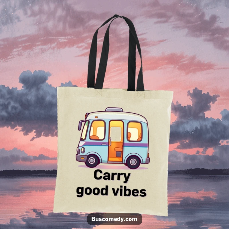 Friendly bus tote bag with a warm, inviting light radiating from its interior, symbolizing comfort and approachability.