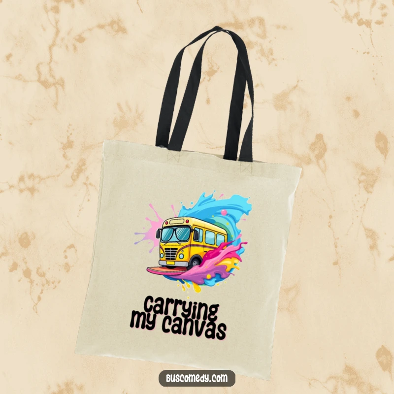 Funny bus character with tiny sunglasses rides a cresting wave of colorful paint on this functional tote bag.