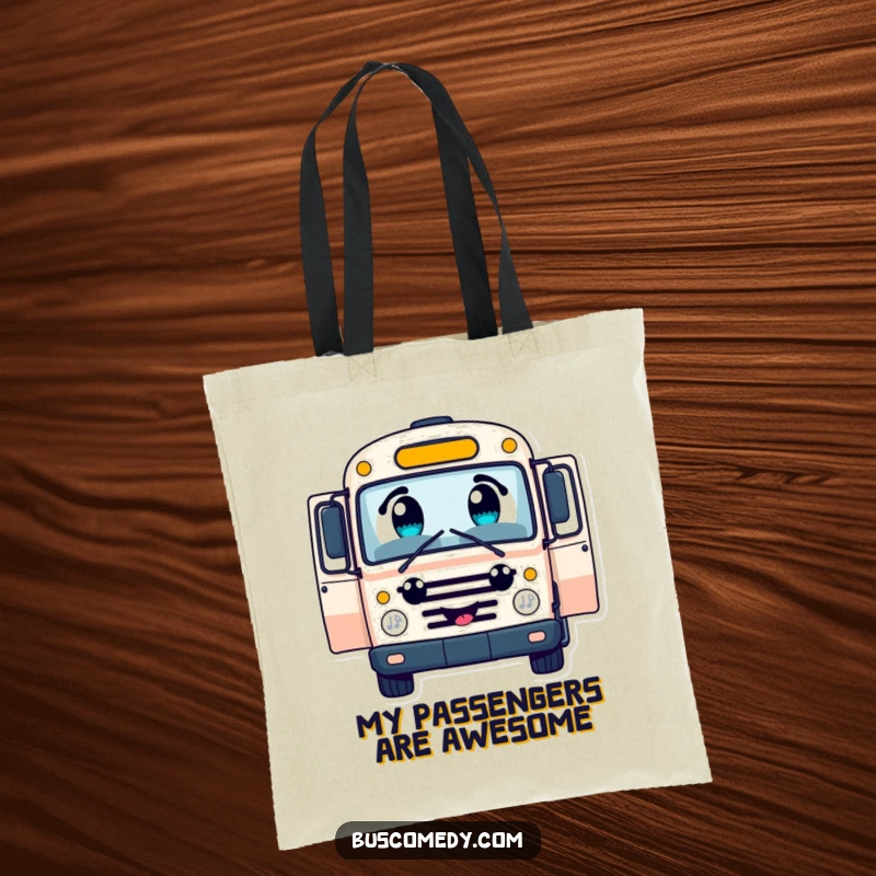 Funny cheerful bus character tote bag, with large curious eyes, open doors inviting passengers, practical and vibrant accessory.