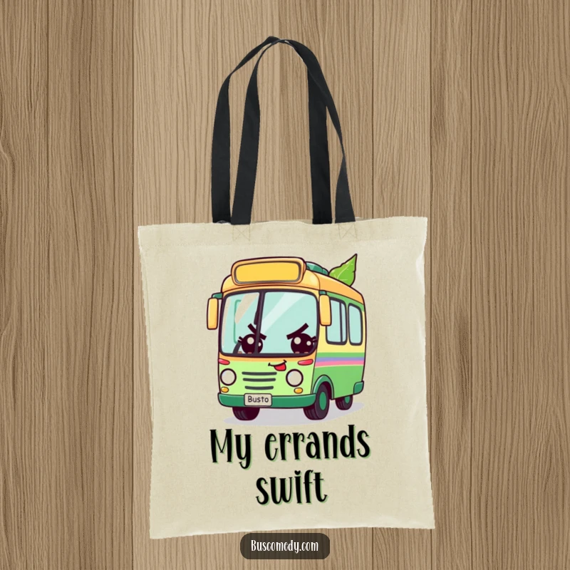Funny tote bag featuring a determined bus character racing a leaf, perfect for carrying essentials with a motivational and humorous twist, a great funny gift.