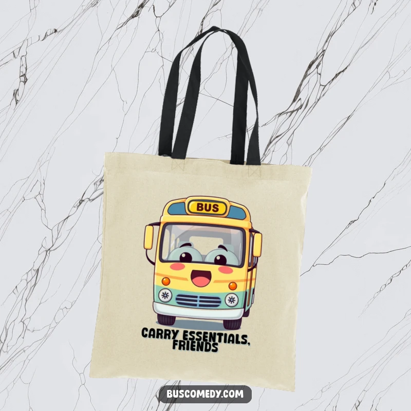 Funny tote bag showcasing a Kawaii bus character with an enormous, happy smile, symbolizing a delightful and helpful journey.