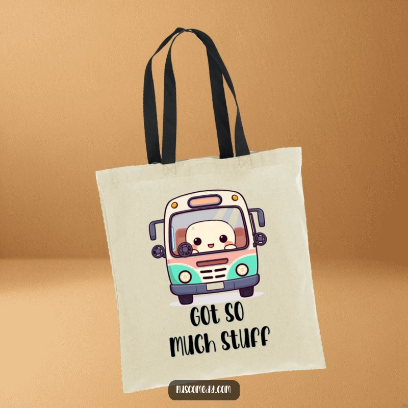 Funny tote bag with a Kawaii bus character juggling small steering wheels using its window eyes, representing organized chaos.