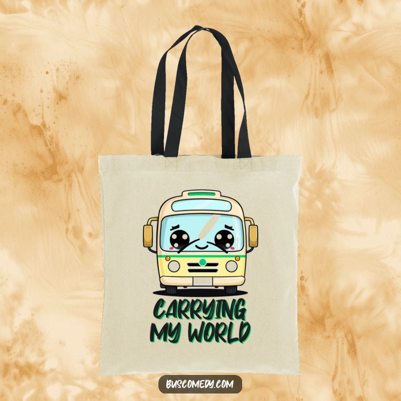 Funny kawaii bus tote bag, big cheerful eyes, friendly honking design, cute and practical accessory, carrying happiness.