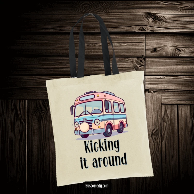 Funny Playful Bus Tote Bag, a bus interacting with a bouncing ball, perfect for your belongings. A useful funny gift.