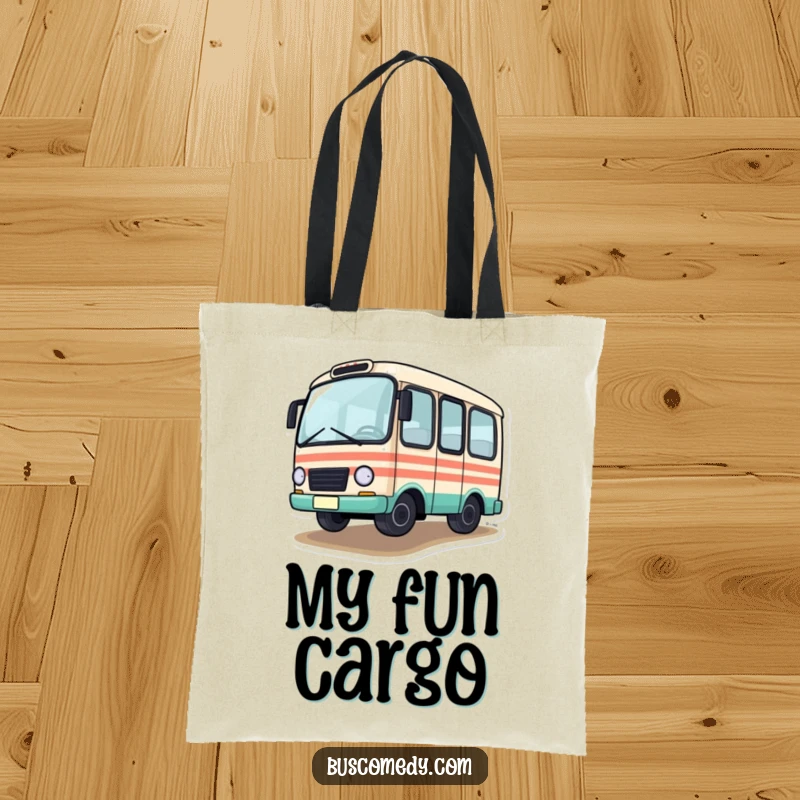 Funny Tote Bag showcasing a little bus character with one tire slightly lifted off the ground, mid-driving, a humorous accessory.