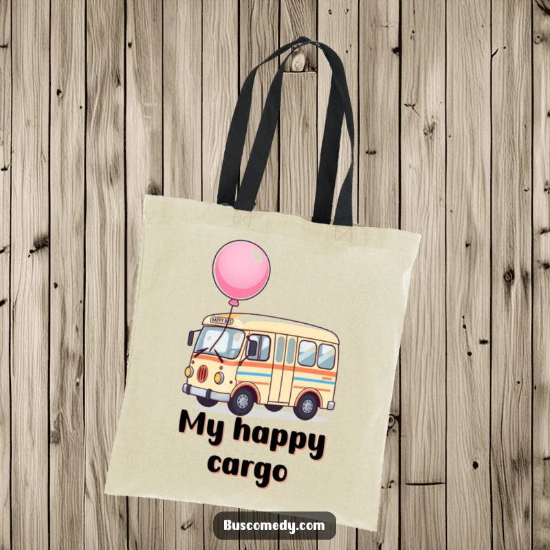 Funny Tote Bag showcasing a happy bus character with a large, buoyant balloon tethered to its roof, a playful accessory.