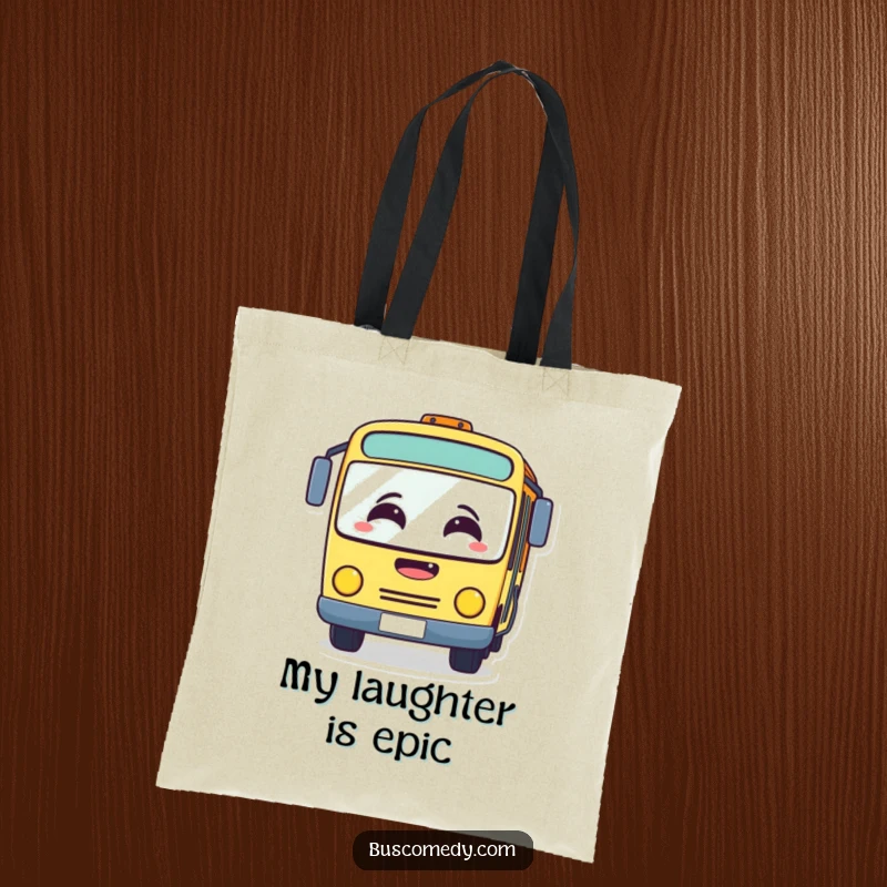 Funny tote bag with a bus character whose windshield is fogged from immense laughter. This accessory brings smiles wherever it goes.