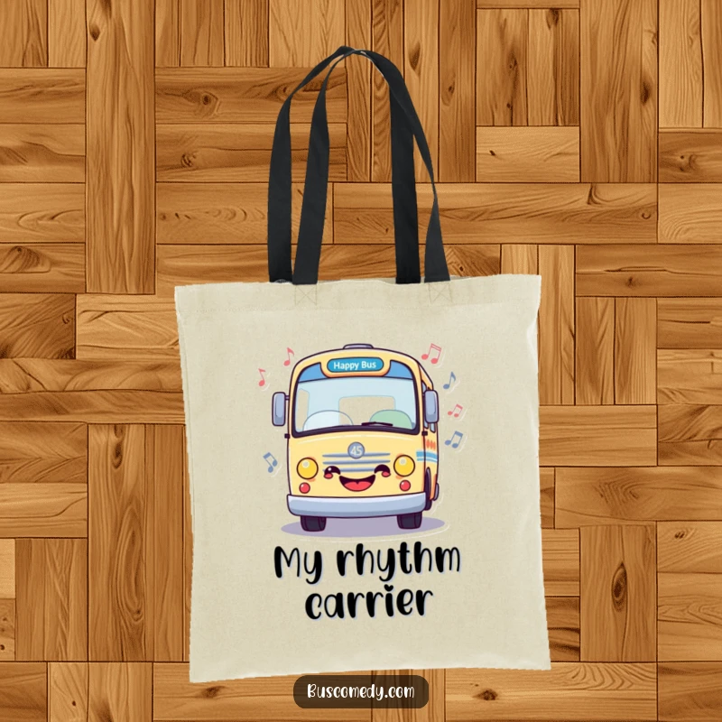 Funny tote bag featuring a happy bus surrounded by musical notes, perfect for carrying music essentials with a cheerful vibe, a great funny gift.