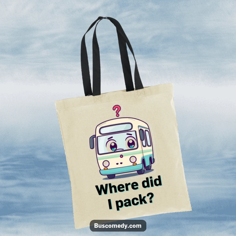 Funny Kawaii Bus Tote Bag: A cute, surprised kawaii bus character with wide eyes and a question mark, perfect for curious minds.